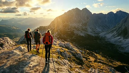 Group of hikers trekking along a rocky mountain trail during sunset, with majestic peaks in the background
