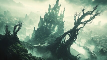Dark fantasy landscape with ruined gothic castle, gnarled trees, and misty valley.