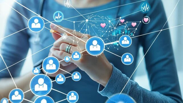 Connecting Globally: A person's hands interact with a futuristic network, symbolizing digital connections and global networking. This visual combines technology and social interaction.