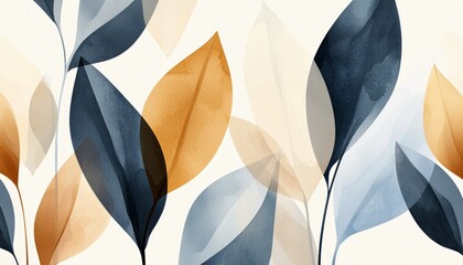 A watercolor illustration featuring a variety of leaves in shades of blue, orange, and beige, creating a soft, artistic composition.