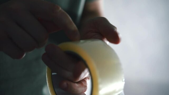 Sticky tape in male hands.
A man uses sticky tape for his needs.
An office worker with tape in his hands