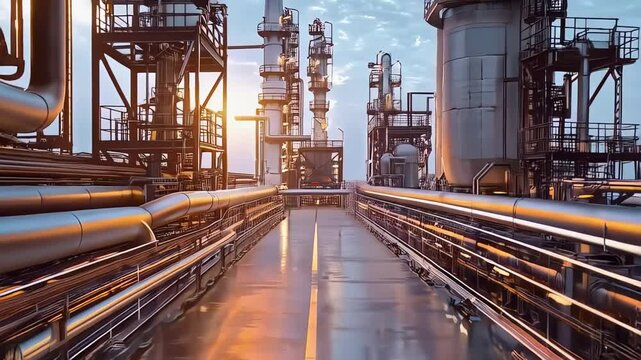 Wet industrial walkway revealing intricate pipeline network and distillation towers standing against dramatic sunset illuminating petrochemical facility
