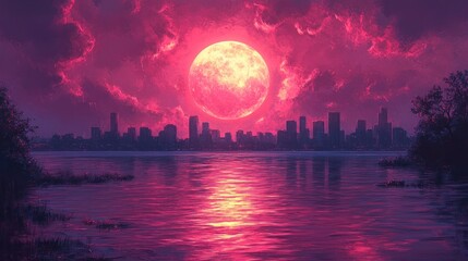 Pink moonrise over city skyline reflected in calm water.