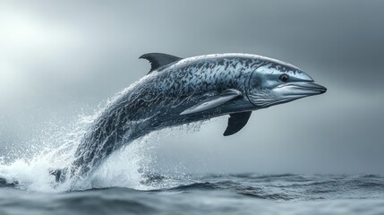 Obraz premium A leaping dolphin in a misty sea. Powerful marine mammal gracefully emerging from the ocean waves