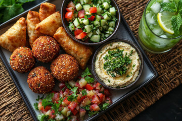 A beautifully arranged Middle Eastern mezze platter featuring crispy falafel, golden samosas, creamy hummus, fresh tabbouleh, and a refreshing mint lemonade, served on a rustic tray  