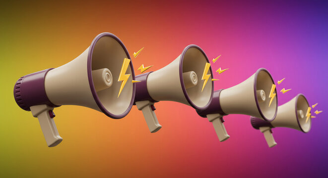 A powerful chorus of megaphones amplifies a vibrant message, echoing across a spectrum of color with bold graphic energy.