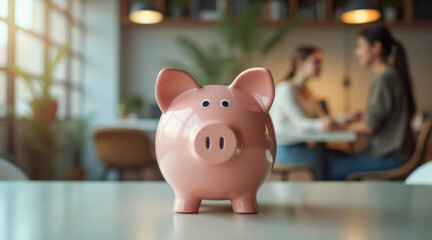 pink piggy bank symbolizes saving and financial planning with blurred women in the background