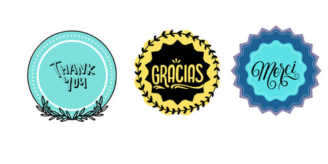 Pack of thank you stickerd  written in differebt languages vector
