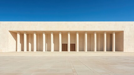 Fototapeta premium Modern Beige Stone Building with Numerous Columns Under Clear Blue Sky