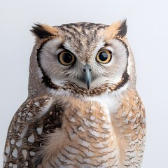 Obraz premium Studio owl portrait, feathered, bird, eyes, wildlife, white background, nature, animal photography