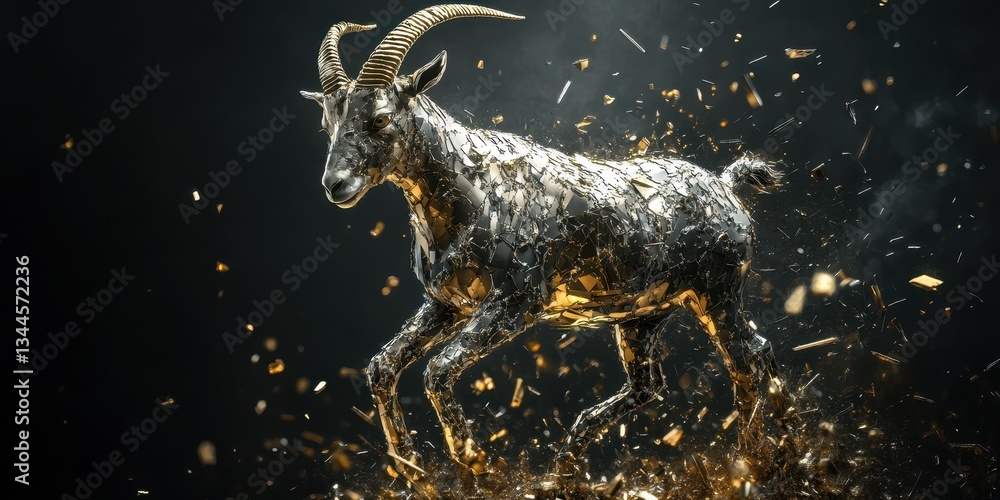 Poster an abstract metallic goat is running across the image space