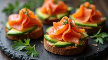 Top view of a toast sandwich with creamy avocado and red salmon, rustic wooden table, fresh green garnish
