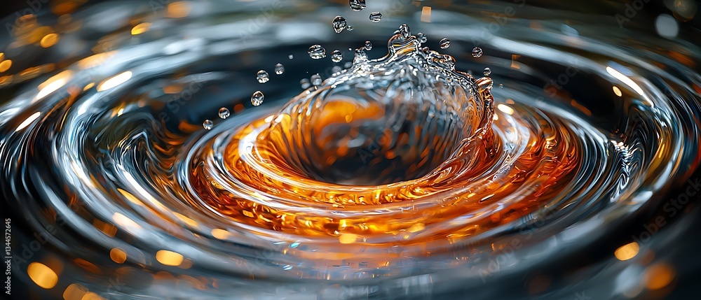 Poster abstract liquid vortex with droplets: mesmerizing golden and clear water formations in dynamic motio