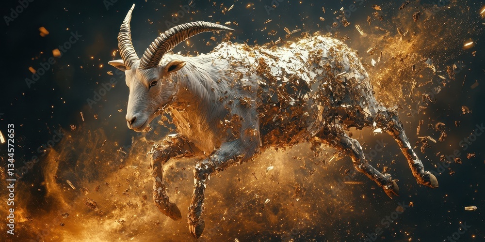 Poster a leaping goat is surrounded by exploding golden fragments