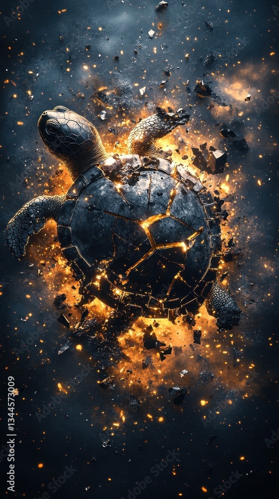 Poster a turtle explodes with bright particles in a dark background