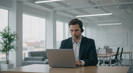 Business professional in suit using laptop while wearing headphones at workplace
