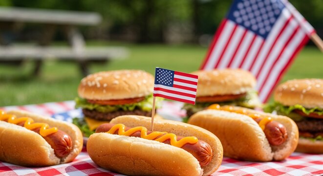 Festive Picnic with Hotdogs and Hamburgers with American Flag