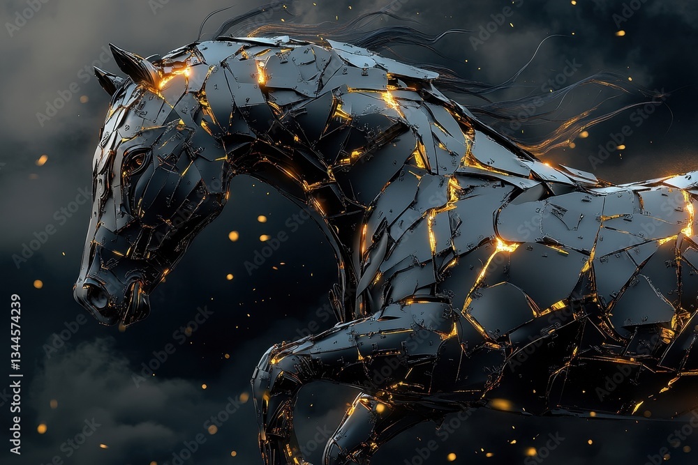 Poster a dynamically posed horse constructed of fractured metallic elements