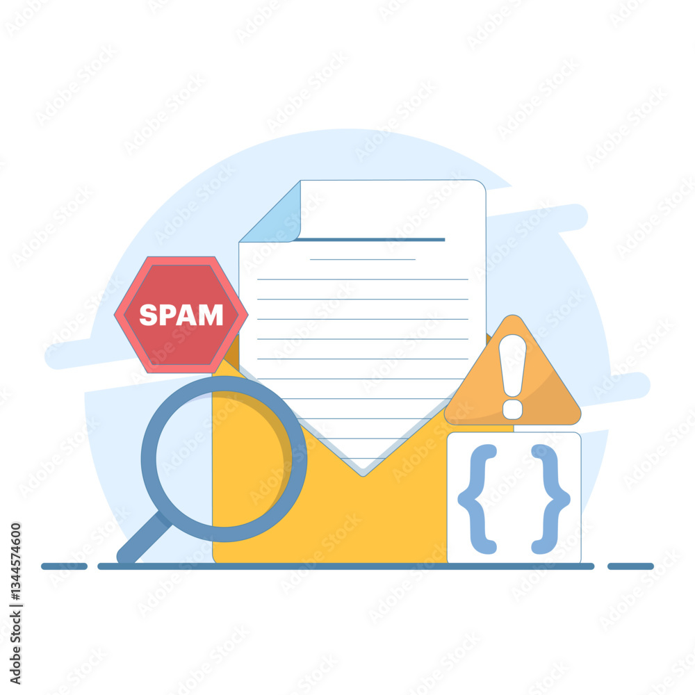 Poster spam email concept set enlarged bug email warning sign on computer monitor screen. laptop with envel