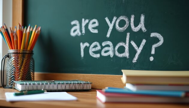 Chalkboard with inscription Are you ready Books and colored pencils jar on wooden table. Preparation for university exam. Education concept, back to school. Intellectual inspiration message.