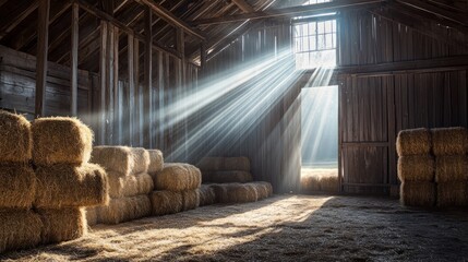 Sunlit rustic barn interior with stacked hay bales and dramatic light shafts