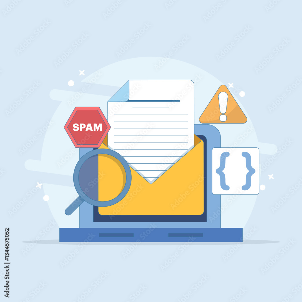 Poster spam email concept set enlarged bug email warning sign on computer monitor screen. laptop with envel