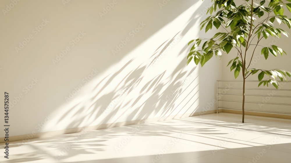 Poster sunlit minimalist interior with small tree and shadow patterns