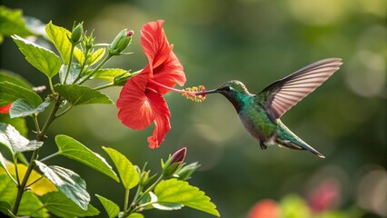 A hummingbird hovers in mid-air, delicately sipping nectar from a bright red flower. The lush greenery surrounds the scene, creating a serene garden moment