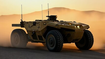 Command Vehicle in Action: An all-terrain military command vehicle navigates a dusty landscape, showcasing advanced technology and rugged design, symbolizing strength and strategic capabilities.