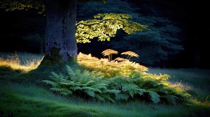 Sunlit ferns and tree at dusk.
