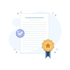 Certified Document Concept. Document with Approved Badge. Standard, quality control or certified approval, company policy or compliance. Flat Design illustration on background.