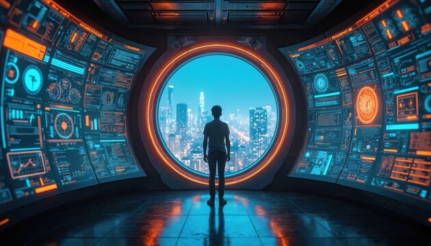 Person stands in futuristic room looking at city through portal. Digital interface panels. AI powered globalization. Technology enables real-time translation, communication for global business,