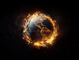 broken globe with fire glowing from cracks, symbolizing destruction and chaos. image evokes sense of urgency and environmental concern