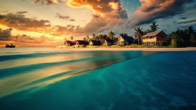 Paradise on the Horizon:Capturing a split view of a tropical beach with calm water and some houses under the cloudy sky