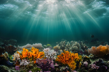 Vibrant underwater view of colorful corals and marine life