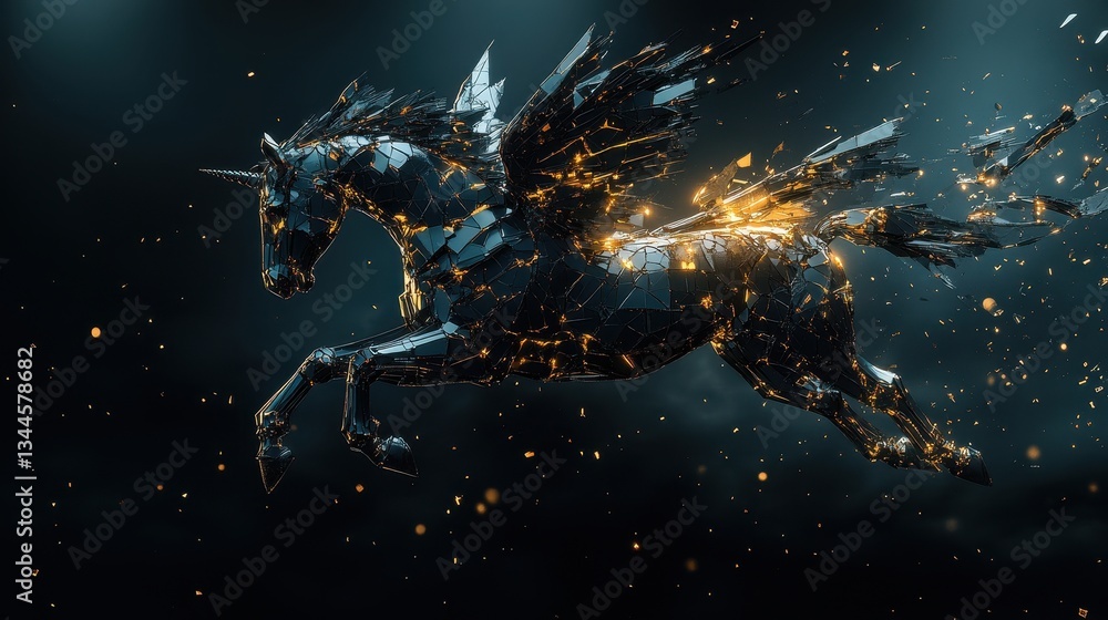 Poster a digital rendering of a metallic winged unicorn in flight
