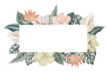 Tropical palm leaves, hibiscus, strelitzia flower botanical frame. Exotic jungle banner.	