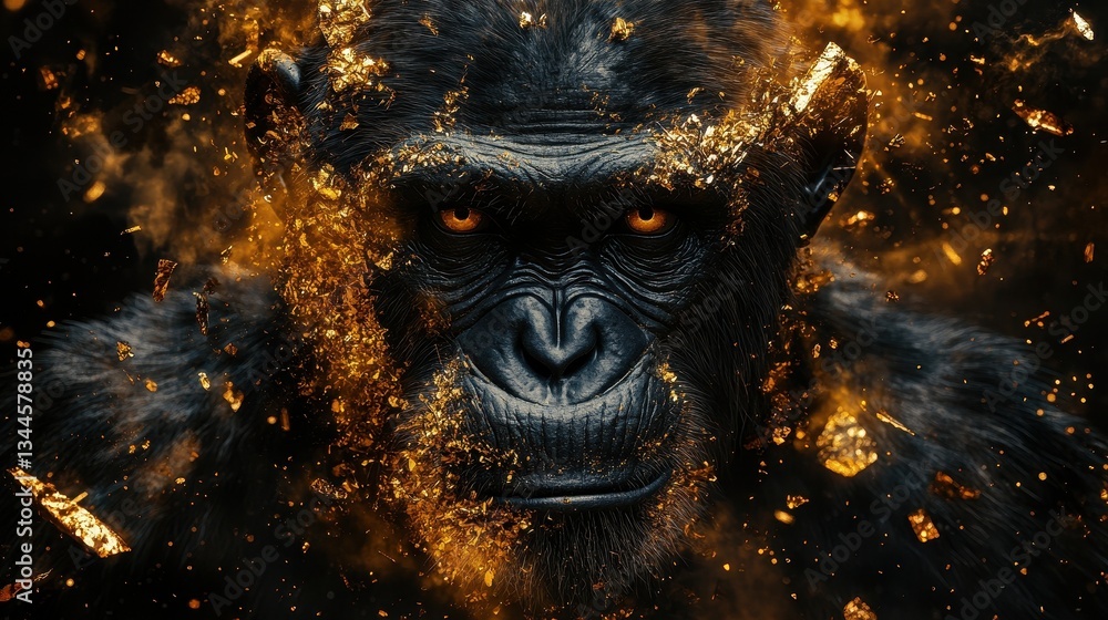 Poster the image portrays a chimpanzee with golden sparkling elements around it