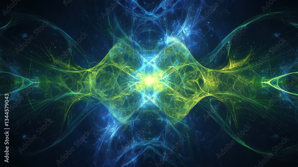 Poster Abstract quantum computing visualization, glowing particles forming intricate wave patterns, deep blue and electric green color palette, futuristic energy flow