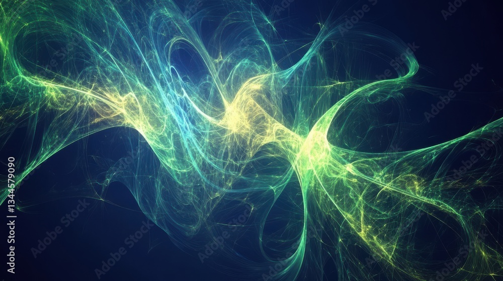 Poster Abstract quantum computing visualization, glowing particles forming intricate wave patterns, deep blue and electric green color palette, futuristic energy flow