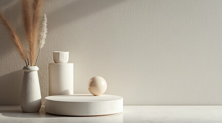 Naklejka premium minimalist product display with pampas grass and neutral-toned objects