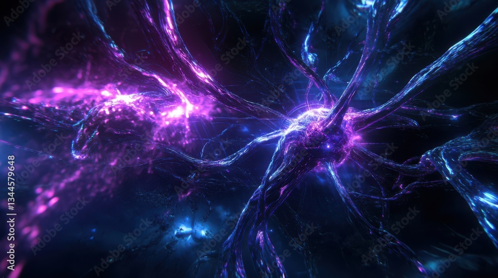 Poster Abstract visualization of artificial intelligence, glowing neural connections forming a complex digital network, deep blue and purple tones, futuristic cyber aesthetics.