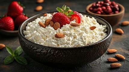 Delicious bowl of rice with strawberries and almonds on wooden table.