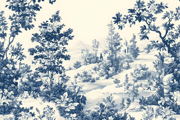 Vintage toile seamless pattern featuring floral and scenic motifs for traditional designs --ar 3:2 - Image #4 @Celeste