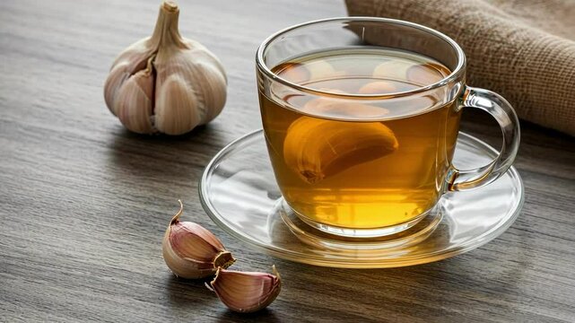 A soothing cup of tea with garlic on a rustic table, suggesting warmth and health in a calm setting, highlighting comfort and wellness.