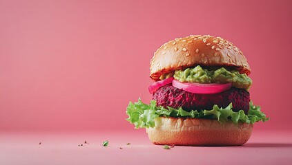 Beetroot burger with guacamole and lettuce on bun, healthy plant based meal for vegan or mesh diet concept.