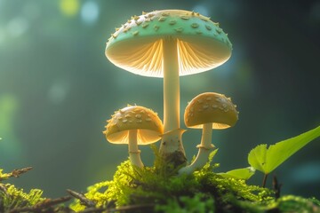 Fototapeta premium beautiful mushrooms in deep forest on blurred background