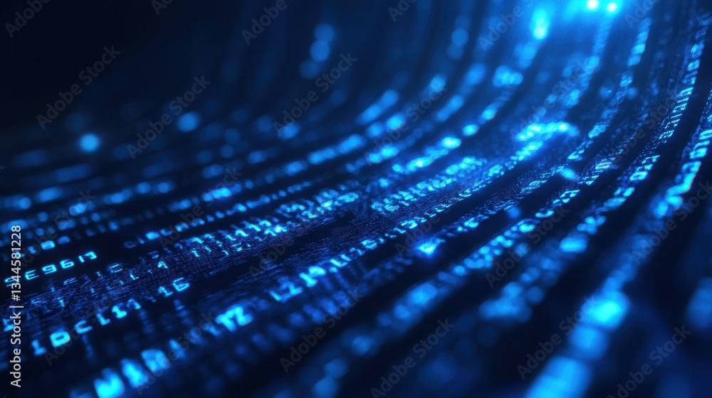 Poster Futuristic digital data stream, glowing binary code flowing in a dark blue space, high-tech cyber background, neon light reflections, abstract technology concept