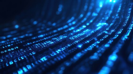 Futuristic digital data stream, glowing binary code flowing in a dark blue space, high-tech cyber background, neon light reflections, abstract technology concept