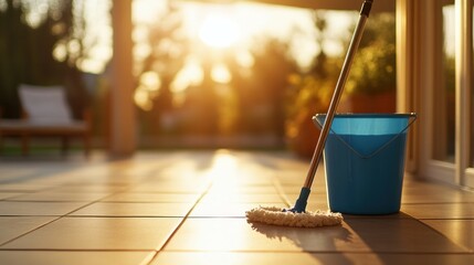 Bright morning cleaning scene with mop and bucket on sunlit patio.